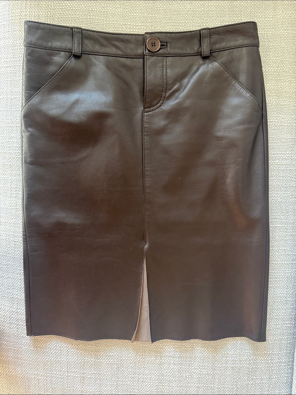 Dark Brown Leather Pencil Skirt with Front Slit, Back Pleated Detail